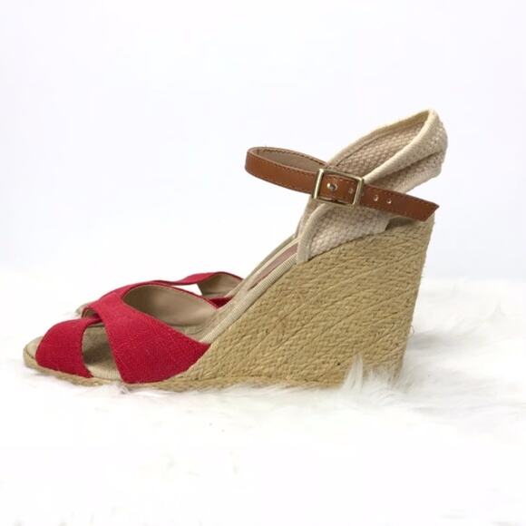 2/$30 BCBGeneration 7.5 B Womens Red Beige Canvas Ankle Strap Wedge Sandals - Picture 8 of 10
